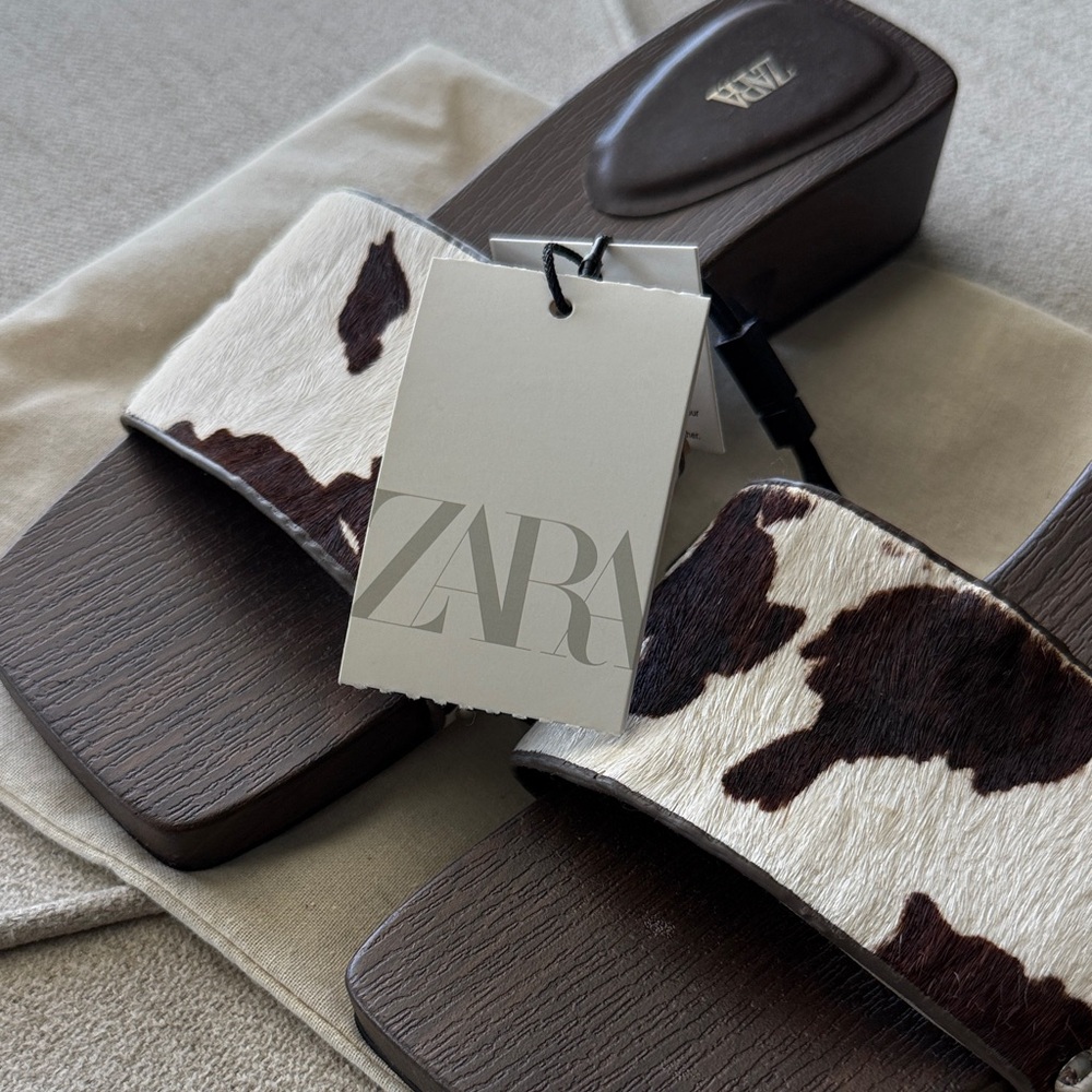 Zara Brown and White Cow-Print Slide Sandals - Picture 2 of 4